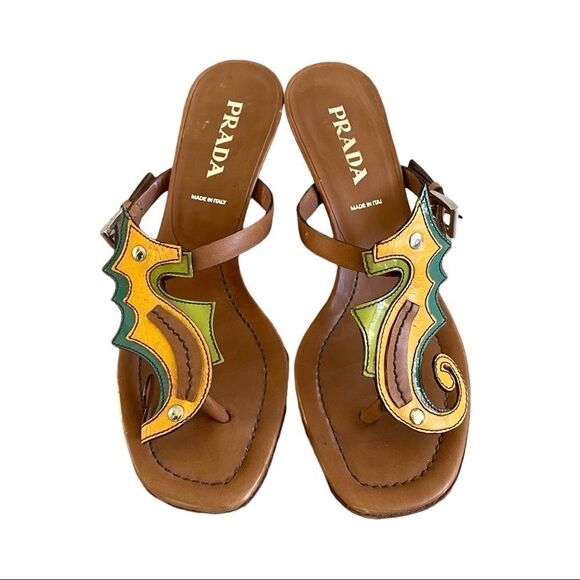 PRADA Leather Seahorse Sandals Kitten Heel Cognac Brown Green Yellow 5.5 - Picture 2 of 14